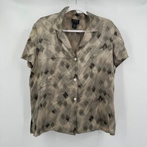 City Silk Womens Art Deco Minimalist Blouse Sz XL Taupe Brown Sheer Short Sleeve